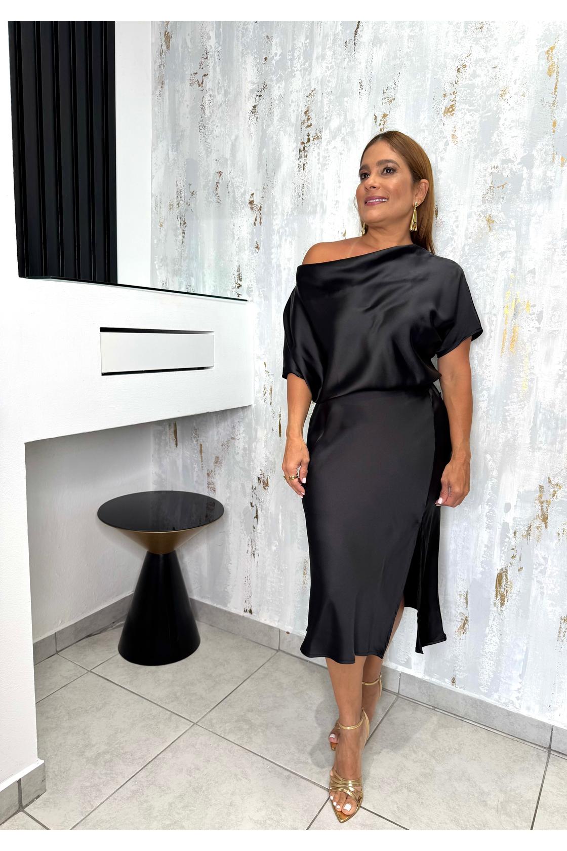 Asymmetric Shoulder Satin Midi Dress